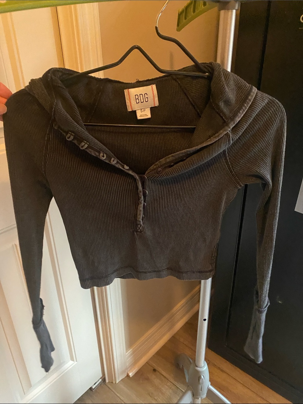 BDG Charcoal Ribbed Hooded Henley Crop Top